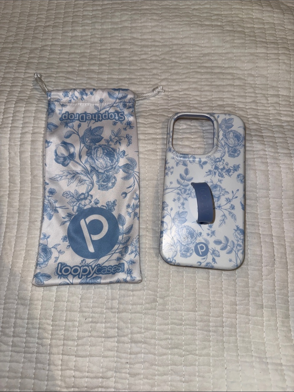 Loopy Case White iPhone Case with Blue Floral Pattern and Blue Grip Loop